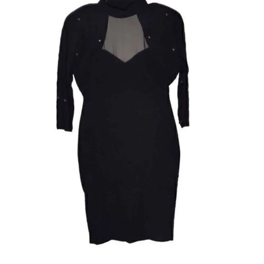 Absolutely! 80s Black Bodycon Mini Dress with Brass Stud Detailing and Choker Ne